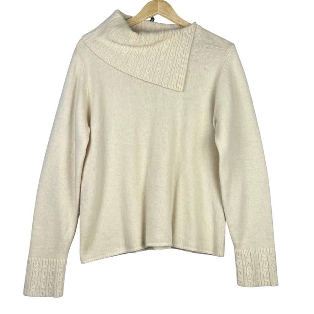 Rosanna Lambs wool angora XL Cream Cable Knit Asymmetrical Turtle Neck Sweater
